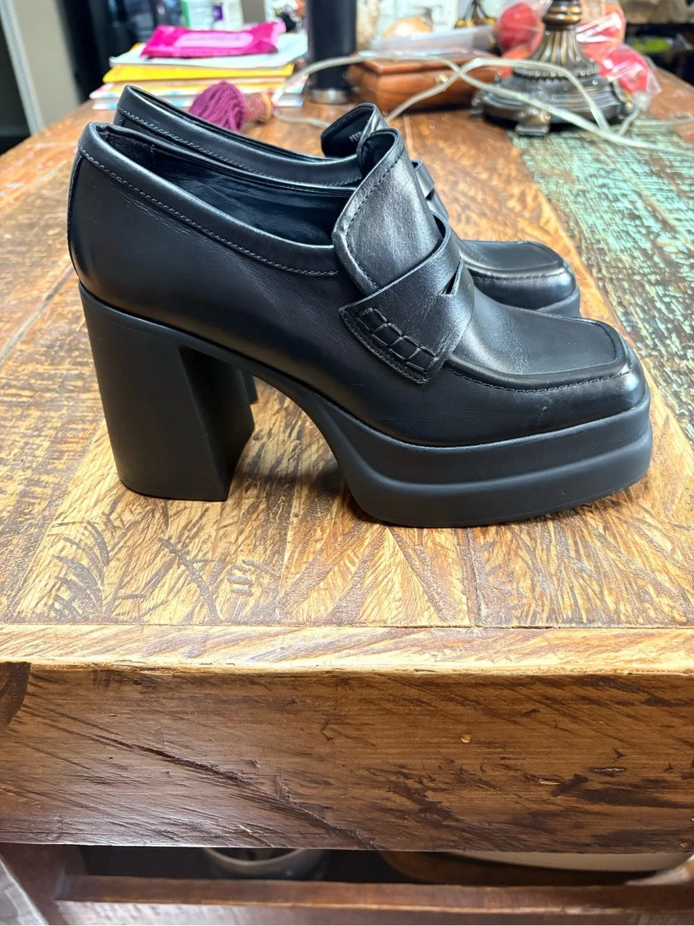 Steve Madden Perry Black Platform Loafers Chunky Heel Penny Slip On Shoes